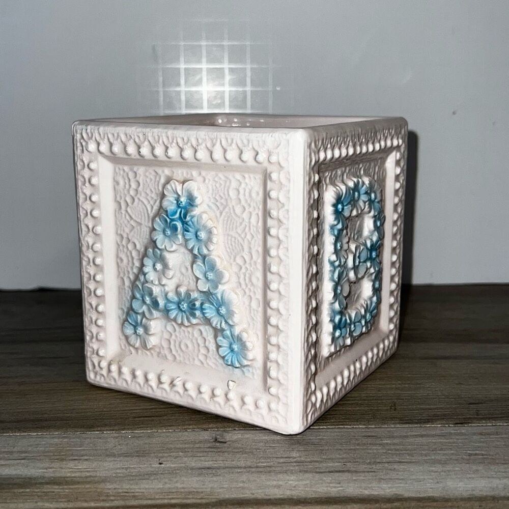 Vintage Relpo 112 Large Baby Block ABC Planter Raised Embossed Floral Pink Blue